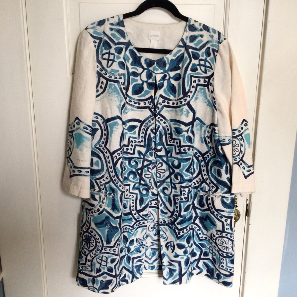 Chico's Blue and Cream Artisan Printed Linen Open Front Jacket